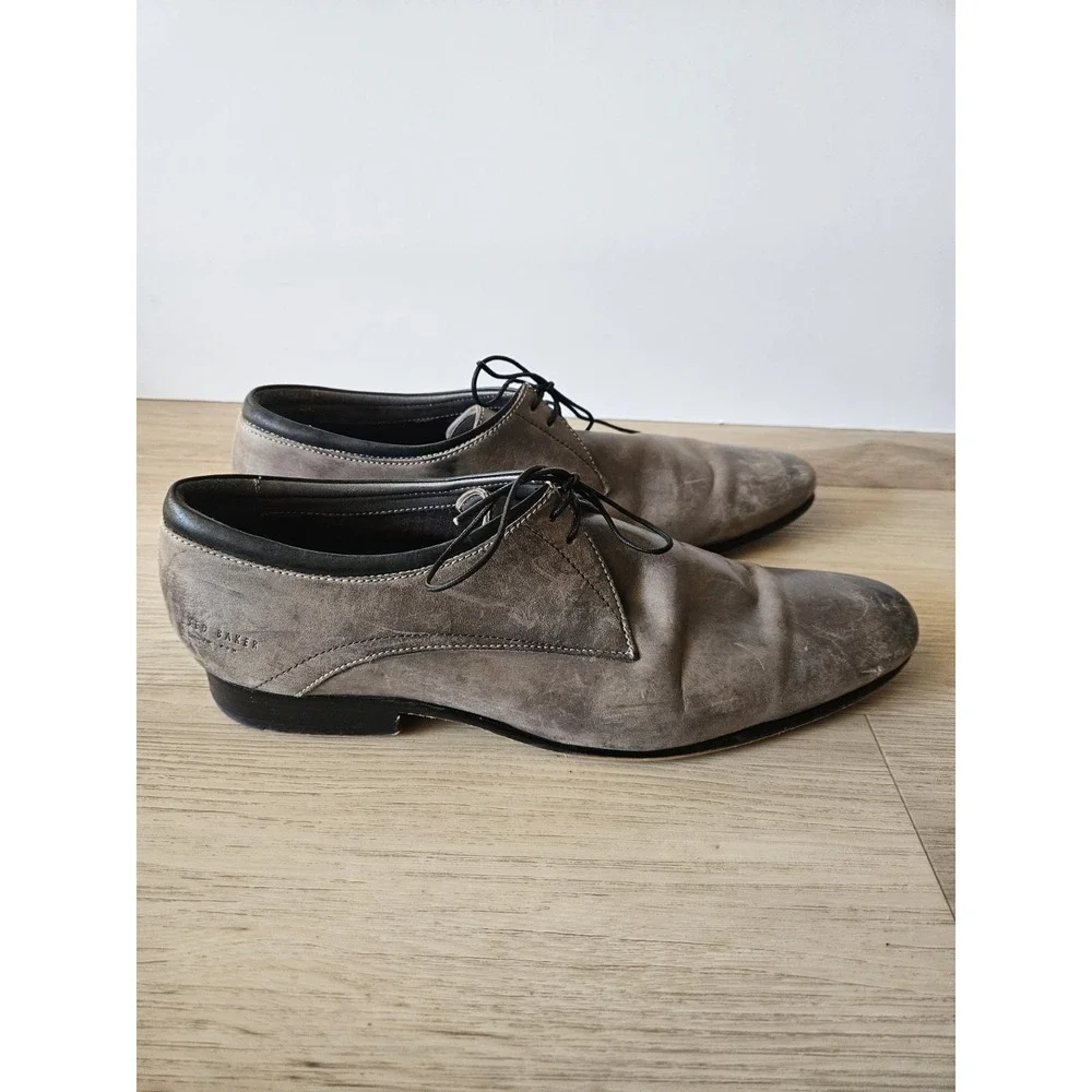 Ted Baker‎ Men's Distressed Leather Derby Dress Shoes Gray Taupe Almond Toe Lace